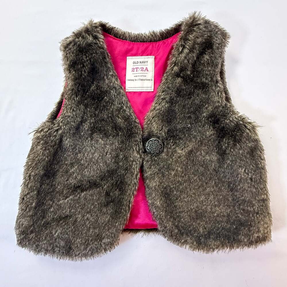 Old Navy Brown Faux Fur Vest Single Button Pink Lining Size 2T